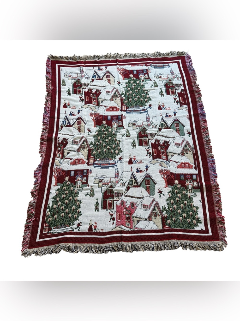 Vintage Christmas Village Tapestry Throw Blanket Nutcracker Tree Holiday Fringe